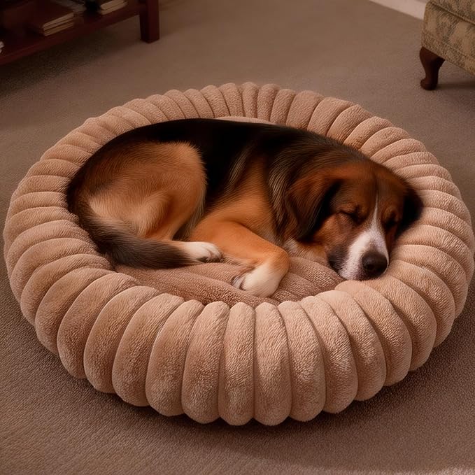 Donut Small Medium Dog Bed Washable Kitty & Puppy Bed,28ins Brown | Comfortable Calming Dog Bed Round Cuddler, Fluffy Faux Rabbit Fur, Anti-Slip Bottom, Anti-Anxiety, for Pets Up to 30 Lbs