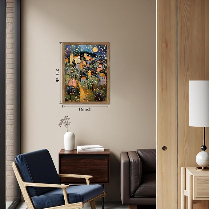 Abstract Moon Stars Tree Framed Canvas Wall Art – Vintage Gustav Klimt Style Oil Painting Print, Village Night Landscape Decor for Living Room Bedroom Nursery Office 16x24 inch