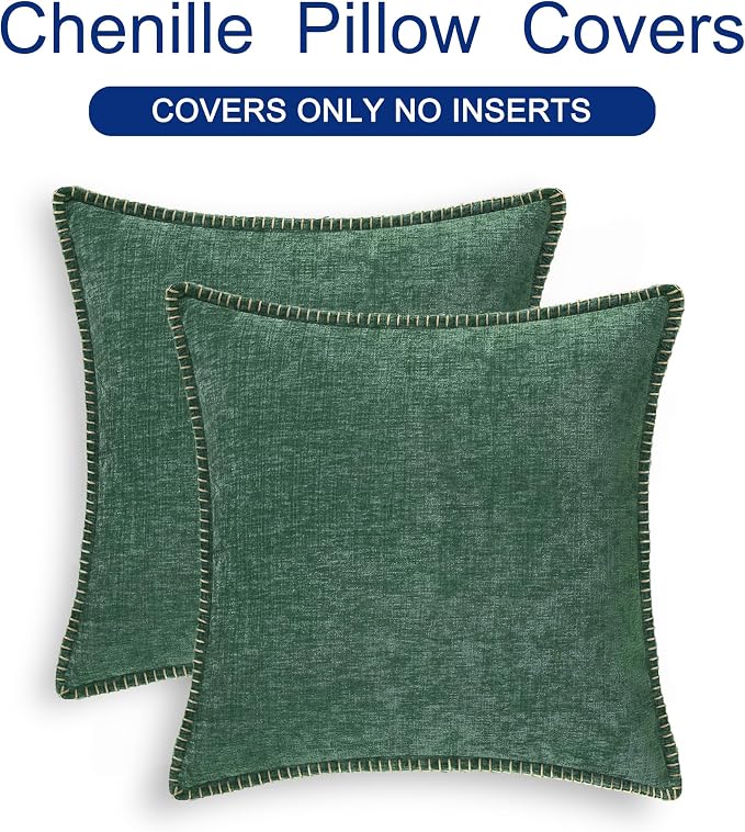CaliTime Decorative Couch Throw Pillow Covers 18 X 18 Inches Dark Green | Pack of 2, Cozy Chenille Cushion Cases, Cotton Thread Stitching Edges, for Sofa Bed Living Room Farmhouse