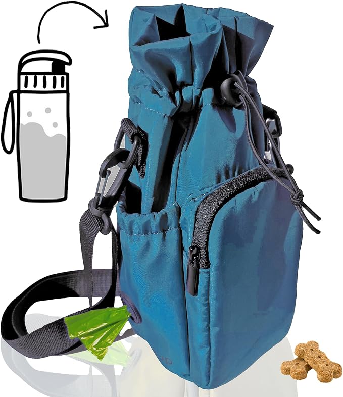 RibbyPup Waterproof Dog Walking Bag With Universal Water Bottle Holder, Built-In Poop Bag Dispenser, Unisex Cross Body Treat Pouch for Walking, Hiking, Training (Deep Teal)