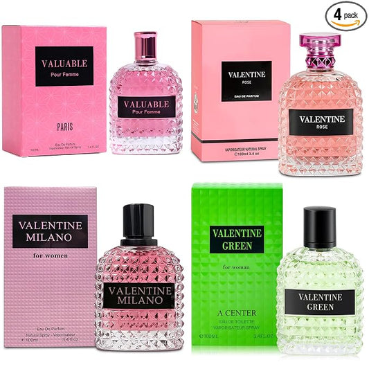 A CENTER 4PCS Perfume Set for Women - Floral Fragrance Gift Set with Vanilla,Sweet Fruity, Eau De Parfume| 3.4 Fl Oz Each Women's Cologne(Valentine Milano/Rose/Green,Valuable)