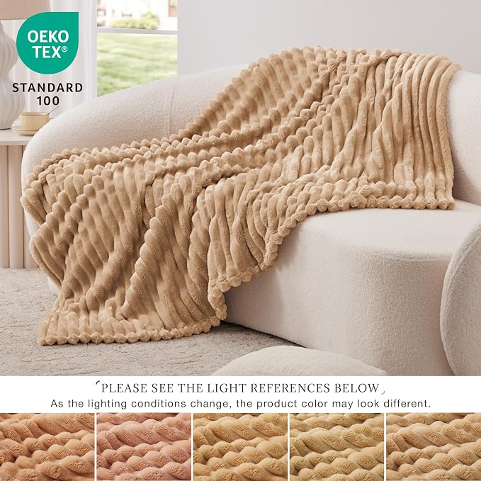 EXQ Home Fleece Throw Blanket for Couch or Bed - 3D Stripe Jacquard Decorative Blankets - Cozy Soft Lightweight Fuzzy Flannel Blanket Suitable for All Seasons(50"×60",Camel)