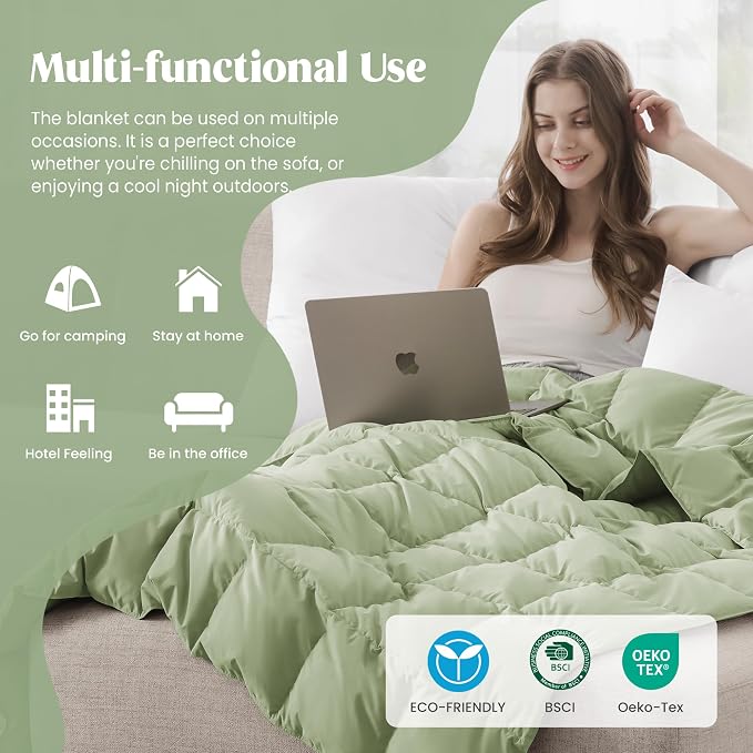 puredown® Soft Feather Down Blanket Lightweight Packable Down & Feather Fill Blanket for Indoor and Outdoor Use, King Size Blankets,88"X108", Sage Green