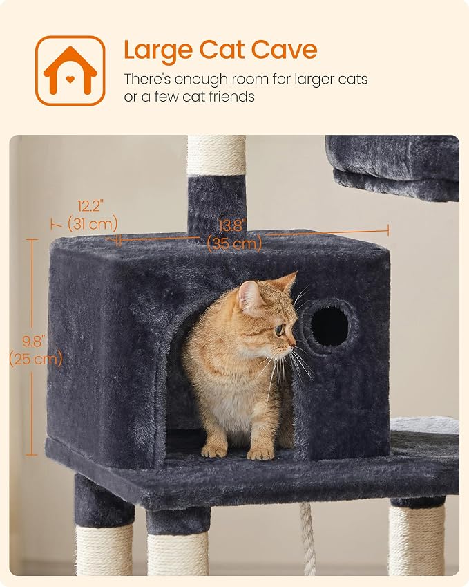 Feandrea Cat Tree, 55.8-Inch Cat Tower, Multi-Level Plush Condo with 11 Scratching Posts, 2 Perches, Hammock, Cave, Smoky Gray UPCT15GYZ