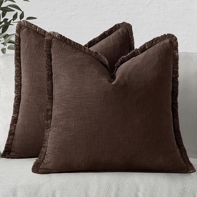 MIULEE Linen Fringe Decorative Fall Throw Pillow Covers Dark Brown 18x18 | Set of 2, Cottagecore Decor, Boho Farmhouse Neutral Pillow Covers, Rustic Fall Couch Cushion Cases for Sofa Bed Living Room