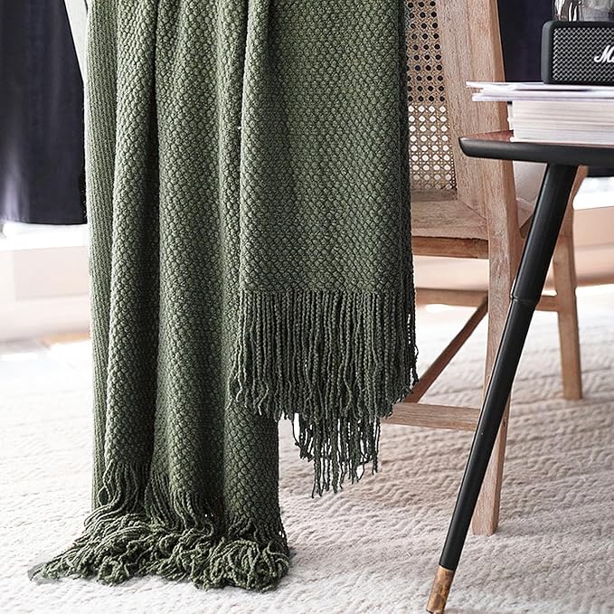 LOMAO Knitted Throw Blanket with Tassels Bubble Textured Lightweight Throws for Couch Cover Home Decor (Dark Olive, 60x90)