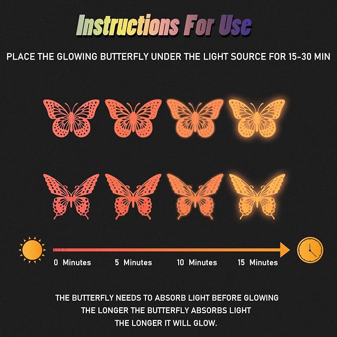 SAOROPEB Glow in The Dark 3D Butterfly 24 Pcs Orange Butterfly Stickers | 3 Sizes, Luminous Butterfly Stickers for Ceiling all, Glow in The Dark Party Supplies, Stickers for Kids Babys Nursery