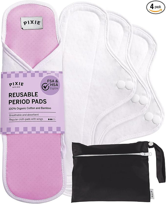 Pixie Cotton Cloth Pads for Feminine Care - 100% Organic Reusable Pads - Ranked 1 for Softest Menstrual Sanitary Napkins - Machine Washable & Includes Free Wet Bag - Menstrual Liner (Regular)