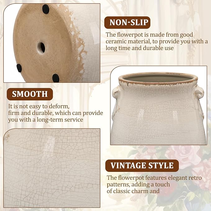 Ceramic Scroll Planter 6.5 Inch Chinoiserie Floral Vase with Drainage Holes Vintage Flower Vase Flower Pot Rustic Ceramic Pots for Indoor Plants Garden Home Bookshelf Decor (Pure White)