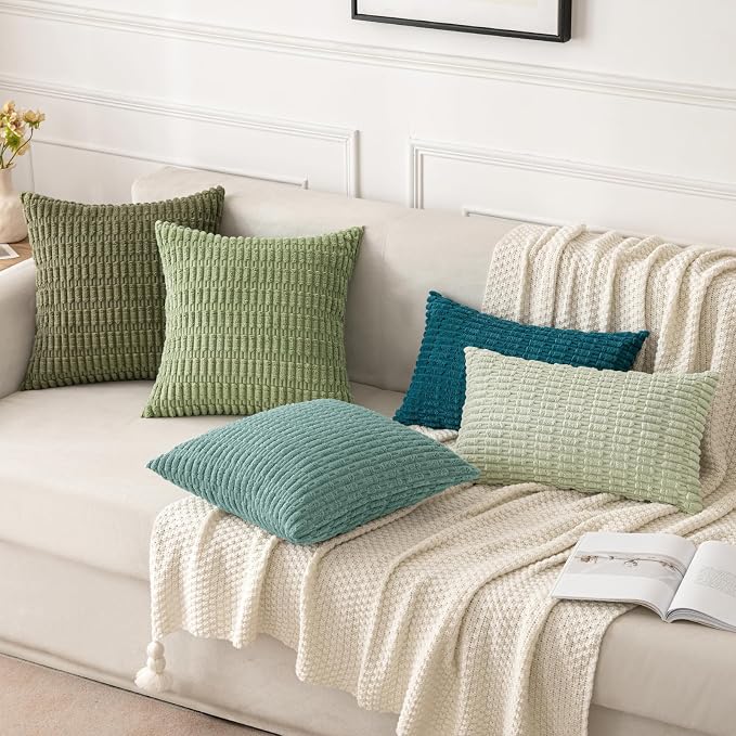 MIULEE Corduroy Decorative Throw Pillow Covers 16x16 Teal Green Pack of 2 | Soft Boho Striped Pillow Covers Modern Farmhouse Home Decor For Sofa Living Room Couch Bed