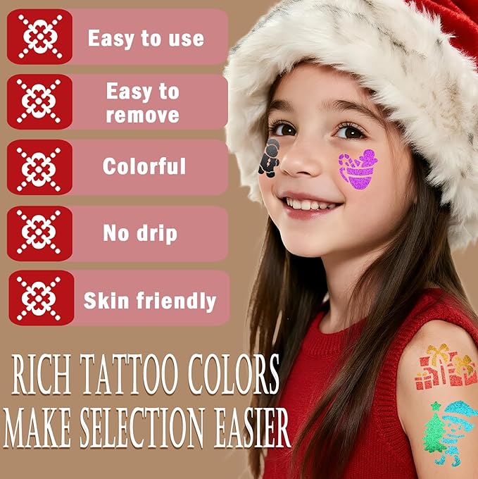 Christmas Temporary Tattoo Markers for Kids and Adults, 8 Metallic Markers and 165+ Temporary Tattoo Stencil Designs for Christmas, Cosmetic Tattoos Pens for Party Favor