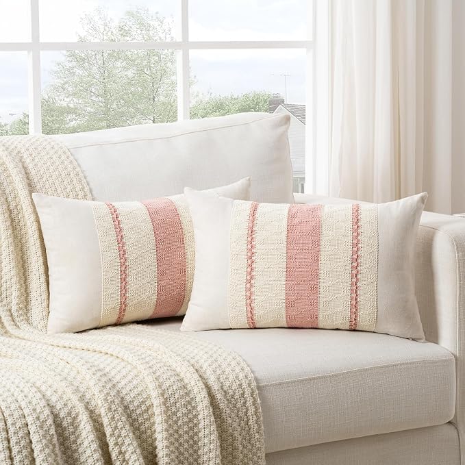 Fancy Homi Set of 2 Boho Pink Long Lumbar Decorative Throw Pillow Cover 16x24 Inch for Couch Bed Sofa Chair, Modern Organic Farmhouse Home Decor, Soft Cotton Cute Accent Rectangle Cushion Case