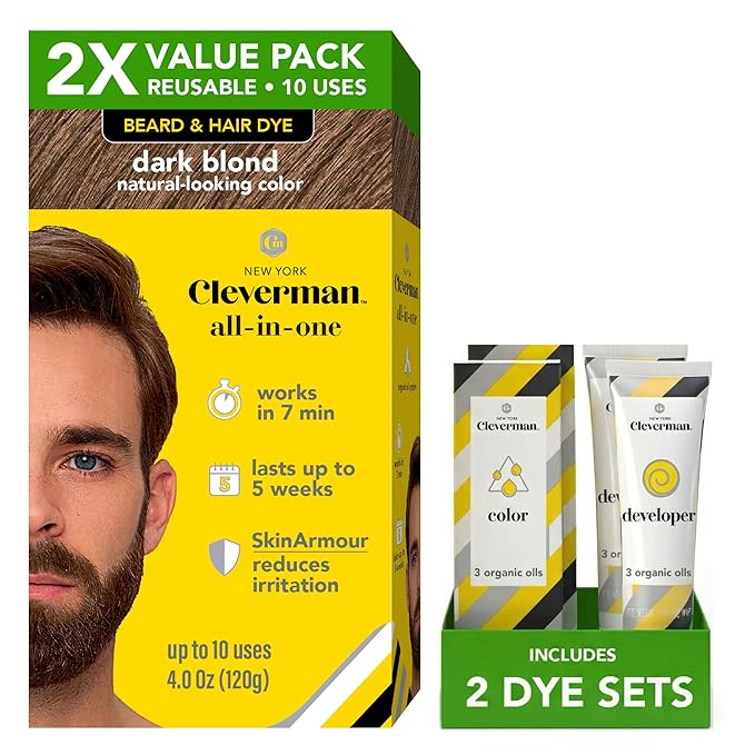 2X Reusable Hair & Beard Dye for Men – Dark Blond | Up to 10 Uses, 7 Minutes | Natural Gray Coverage, No-Drip Cream with SkinArmour® – Cleverman