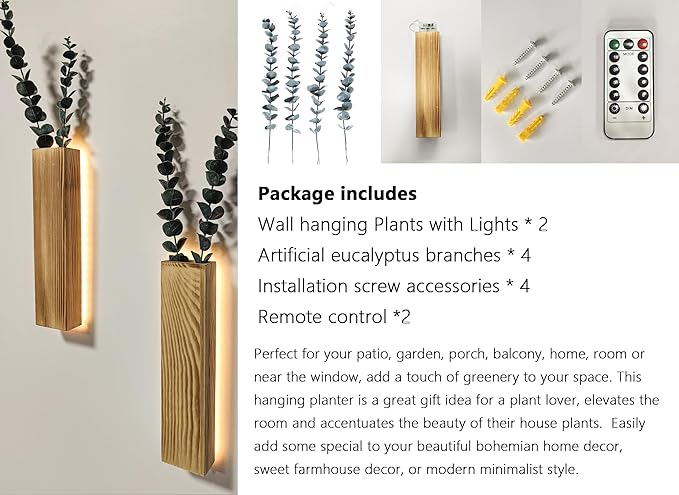 Artificial Eucalyptus with LED Lights Wall Planters Rustic Wall Decor with Lights Wall Sconces Fake Vines for Room Decor Home Bedroom Living Room Bathroom Hanging Vase (Natural)