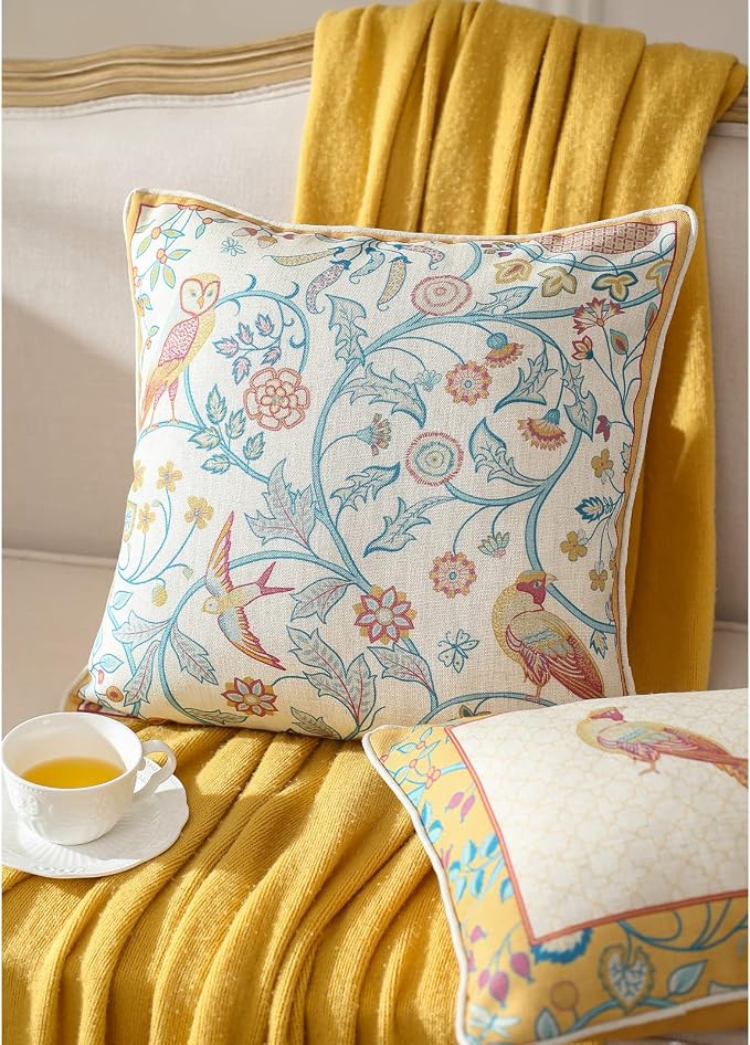 patdrea French Vintage Linen Throw Pillow Cover,18"x18"-Magnolia A | Decorative Pillow Case with Zipper,Yellow Floral Pattern,Cushion Coverfor Couch Living Room Bedroom Sofa
