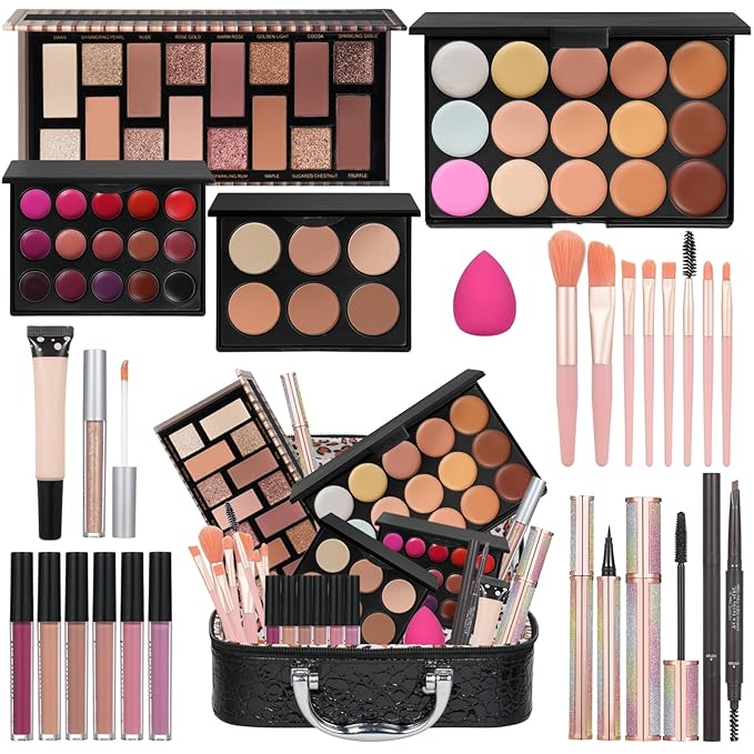 Makeup Kit For Girls Gift, Make up Kit For Women Full Kit Includes Sponge Eyeshadow Liquid Lipstick Concealer Eyeliner Eyebrow Makeup Bag