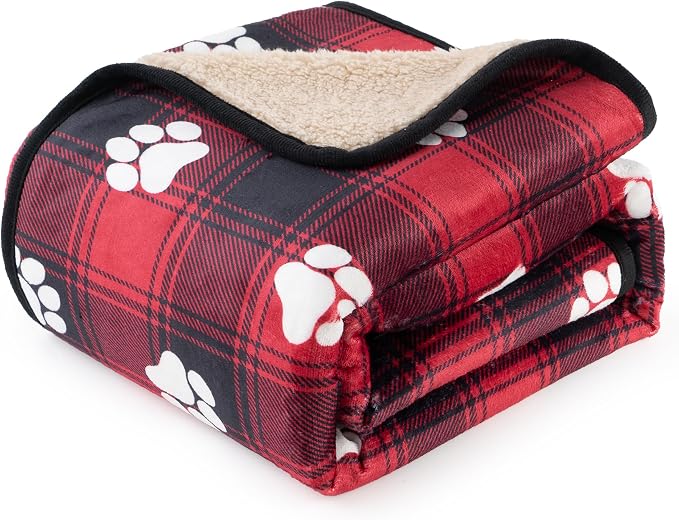 Washable Waterproof Dog Blankets for Large Dogs 60"x80" | Soft Fluffy Pet Blanket for Couch Sofa Car Crate Bed Protector, Reversible Sherpa Fleece Christmas Dog Blanket, Paw Red