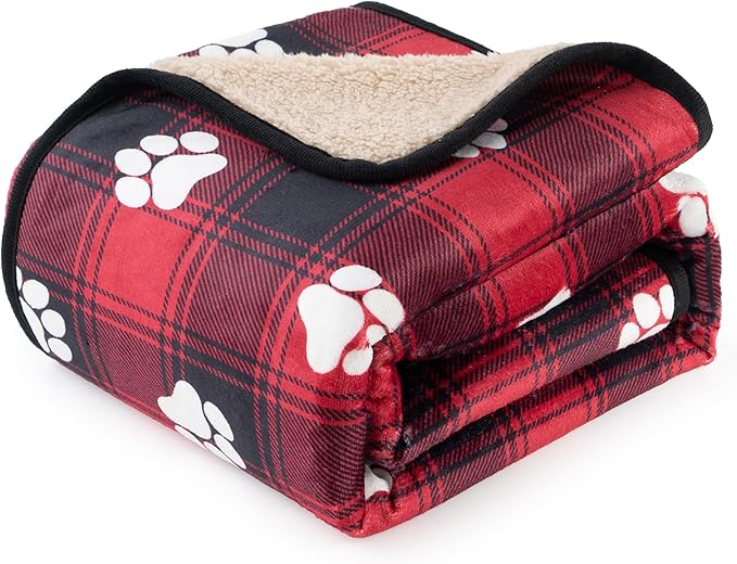 Waterproof Pet Blanket for Small Dogs and Cats 30"x40" | Washable Christmas Dog Blanket, Soft Fluffy Sofa Car Bed Protector, Reversible Sherpa Fleece Puppy Blanket, Paw Red