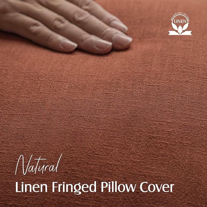 Foindtower Set of 2 Decorative Linen Fringe Throw Pillow Covers Boho Farmhouse Cushion Cover with Tassels Soft Accent Pillowcase for Couch Sofa Bed Living Room Home Decor, 26×26 Inch, Fall Rust Orange