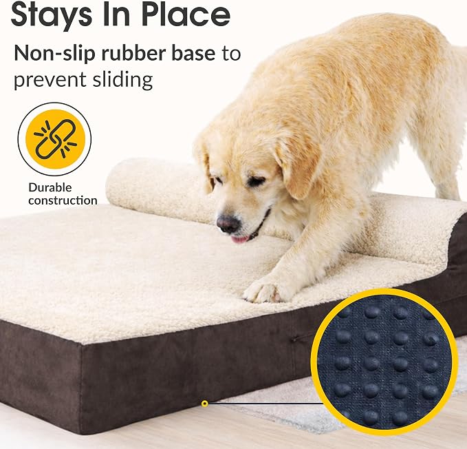 Jumbo Orthopedic Dog Bed - 7-inch Thick Memory Foam Pet Bed with Pillow with Removable Cover & Free Waterproof Liner - for Large Breed Dogs, XL, Brown-Plush Top