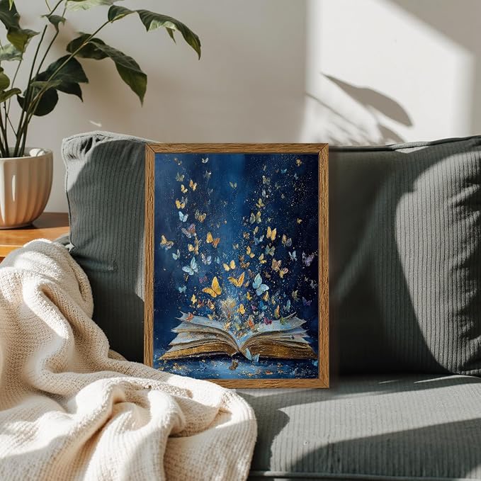 JLTULT Book Wall Art with Butterflies, Solid Wood-Framed Canvas, 12x16 in | Blue open-book art with butterflies on fade-resistant canvas and a ready-to-hang solid wood frame for bedrooms and studies