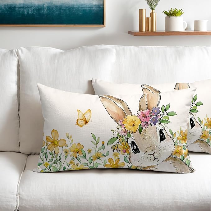 Spring Easter Bunny Lumbar Pillow Covers 12x20 Inch Set of 2 Watercolor Yellow Floral Leaf Rabbit Throw Pillow Cases Outdoor Linen Square Cushion Cover Farmhouse Decor for Bedroom Home Sofa Couch Bed
