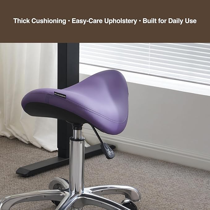 Ergonomic Saddle Stool Adjustable Pneumatic Swivel Rolling Saddle Seat Stool with Wheels for Medical Hygienic SPA Massage Salon Home and Office 506 Haku (English Violet)