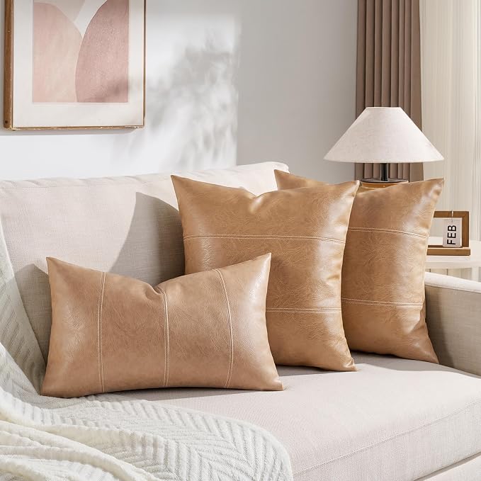Fancy Homi Tan Long Lumbar Waterproof Faux Leather Decorative Throw Pillow Covers 14x24 Inch for Living Room Couch Bed, Beige Hand Stitched Cushion Case 35x60 cm, Taupe Modern Farmhouse Home Decor
