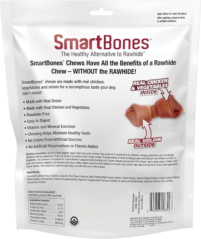 SmartBones Real Sirloin Mini Chews, 30 Count (Pack of 1) | Easy To Digest Chew, No Artificial Preservatives or Flavors, Vitamin & Mineral Enriched, Maintains Healthy Teeth, Small Dogs