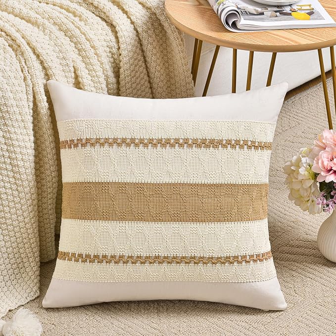 Fancy Homi Set of 1 Tan Neutral Euro Decorative Throw Pillow Cover 26x26 Inch for Couch Bed Bedroom, Aesthetic Modern Organic Farmhouse Boho Room Decor, Soft Cotton Accent Macrame Woven Cushion Case