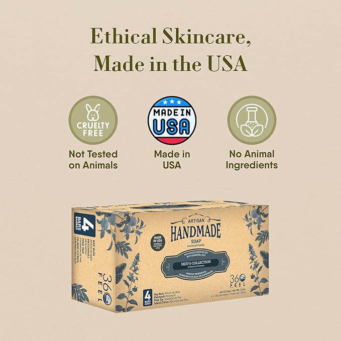 360Feel Mens Bar Soap - Made in the USA - Castile Handmade All Natural Cold Processed - Includes 4 Bold Masculine Scents: Bay Rum, Pine Tar Black Soap bar, Patchouli & Island Citrus (5oz, 4-Pack)