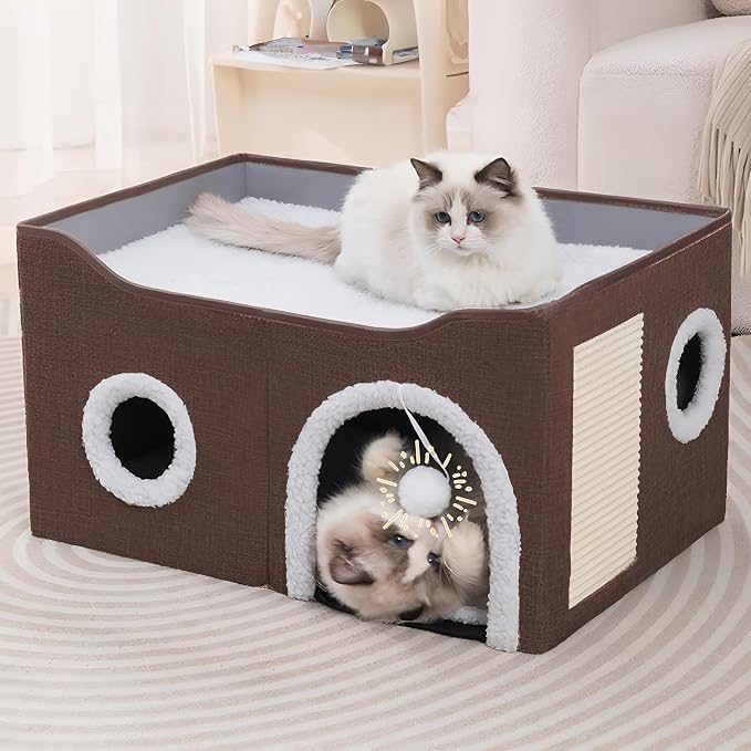 Loyareal Cat Houses for Indoor Cats - Large Cat Bed Cave with Scratch Pad and Fluffy Ball, Foldable Cat Condo Hideaway with Reversible Cushion for Multi Small Pet，Brown