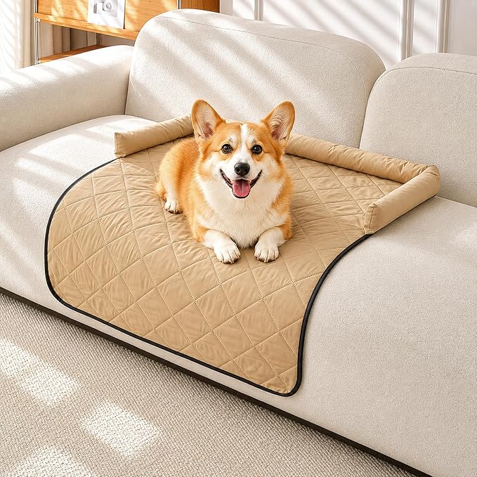 Cooling Dog Bed Mats with Neck & Head Support, 35.43 x31.5 inch Khaki | for Small and Medium Dogs & Cats, Non-Slip, Machine Washable, Protects Sofa from Fur & Scratches