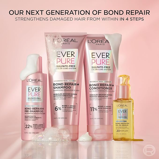 L'Oreal Paris Sulfate Free Bond Repair+ Shampoo, Hair Shampoo with Amino Acid Complex, Strengthens and Repairs Damaged or Color Treated Hair, EverPure, 23 Fl Oz (Packaging May Vary)