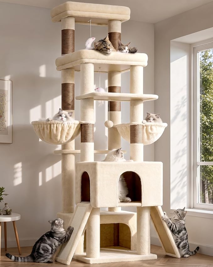 Globlazer Heavy Duty Cat Tree 78 inch Sturdy Cat Tower for 20lbs Large Adult Cats, Symmetrical Aesthetic Big Cat Tree with Extra Large Platform, 2 Scratching Boards, Z78, Beige