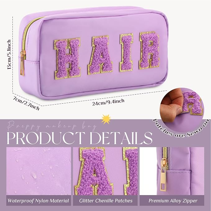 Preppy Makeup Bags Chenille Letter Stuff Bag Nylon Cosmetic Pouch Cases with Zipper for Women Travel Toiletry(Purple Set,Classic,4 Pcs)