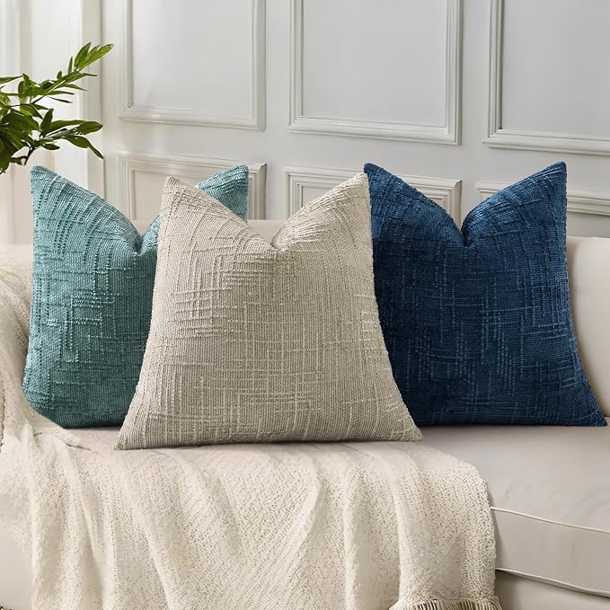 decorUhome Textured Chenille Throw Pillow Covers 18x18 Set of 2 Teal | Fall Modern Farmhouse Soft Cozy Slubby Couch Pillow Cases Boho Decorative Pillow Cases for Bed Sofa Living Room Home Decor