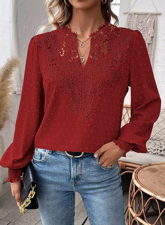 Womens Tops Swiss Dot Boho Long Sleeve Shirts V Neck Casual Chiffon Blouses Flowy Lace Hem Cute Clothing Trendy 2026