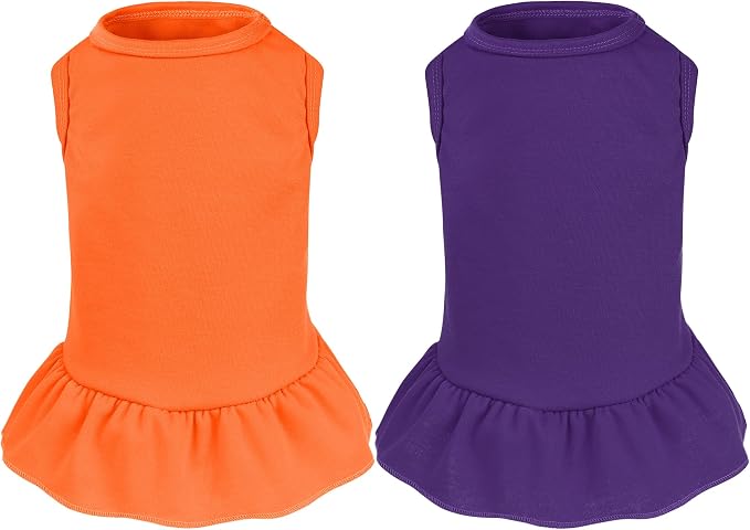 2 Pcs Dog Dresses Cat Skirt Solid Color Dog Clothes Summer Sleeveless Puppy Girl Clothes for Small Pet Dogs Cats (Purple,Orange, Small)