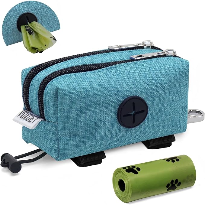 Dog Poop Bag Holder with Treat Pouch, 2 Zipper Pockets & Leash Clip