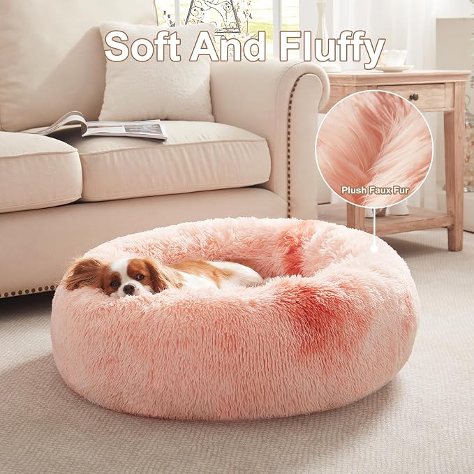 30 in Faux Fur Fluffy Donut Dog Bed for Medium Dogs,Tie-dye Pink | Calming Plush Round Pet Bed with Removable & Washable Cover,Fits up to 45 lbs Pets