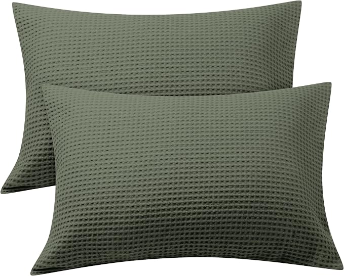 100% Egyptian Cotton Waffle Weave Pillowcases Standard Size 2 Pack | Ultra Soft Pillow Shams with Envelope Closure, Breathable Skin-Friendly Decorative Bed Pillow Case, Olive Green, 20"x26"