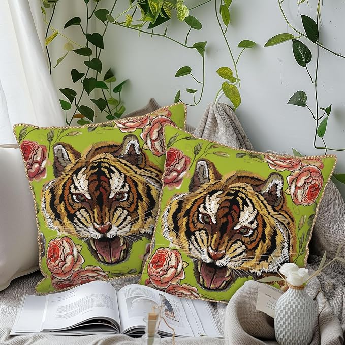 Tiger Flower Green Velvet Pillow Covers 20x20 Inch Pink Floral Animal Throw Pillows for Couch Cushion Covers Pillowcase Farmhouse Modern Pillow Cases for Sofa Bed Living Room Bedroom