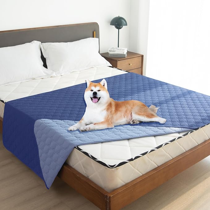 gogobunny Waterproof Dog Blankets for Large Dogs, Pet Bed Cover Breathable | Washable Pee Pads, Quilted Throw Blanket, Furniture Protector for Couch Sofa Bed Car, 82x82 Inch Dark/Light Navy