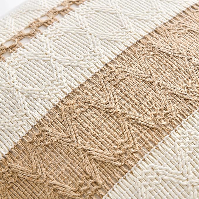 Fancy Homi Set of 1 Boho Neutral Decorative Throw Pillow Cover 14x14 Inch for Couch Bed Sofa, Aesthetic Modern Organic Farmhouse Home Decor, Soft Cotton Cute Macrame Woven Tan Cushion Case Gift
