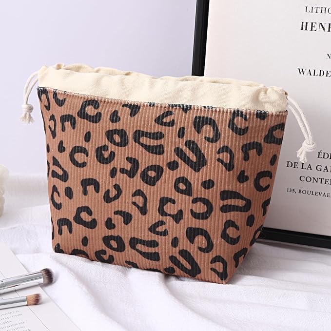 RSRSLEII Aesthetic Corduroy Drawstring Makeup Bag, Cute Coquette Drawstring Cosmetic Bag with Canvas Lining, Leopard Print Travel Makeup Organizer Case for Women Girls (10 Brown Leopard Print)