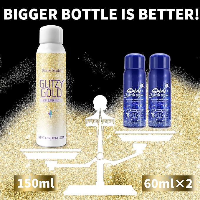 Hair Glitter, 2PCS Body Glitter Spray Glitter Hairspray for Kids Women, Long-Lasting Quick-Drying Holographic Glitter Spray for Hair and 8.4 Fl OZ (Holo Silver+ Gold)