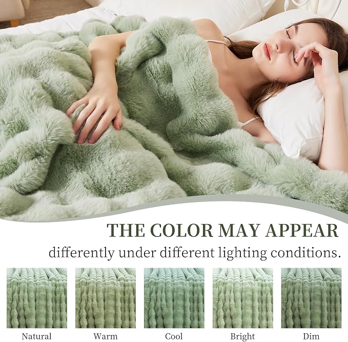 Faux Rabbit Fur Throw Blanket for Couch, Sage Green Throw Blankets 50"x60" | Cozy Reversible Fluffy Throw, Luxury Plush Thick Bubble Blanket, Mothers Gifts for Women, Soft Warm for Bed, Home Decor