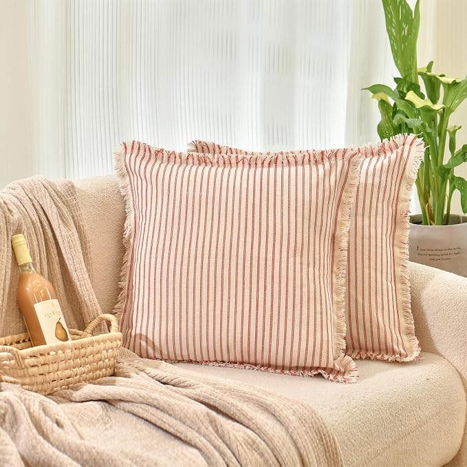 Red Throw Pillow Covers 22x22 Set of 2 Striped Pillow Covers with Fringe Chic Cotton Decorative Pillows Square Cushion Covers for Sofa Couch Bed Living Room Farmhouse Decor