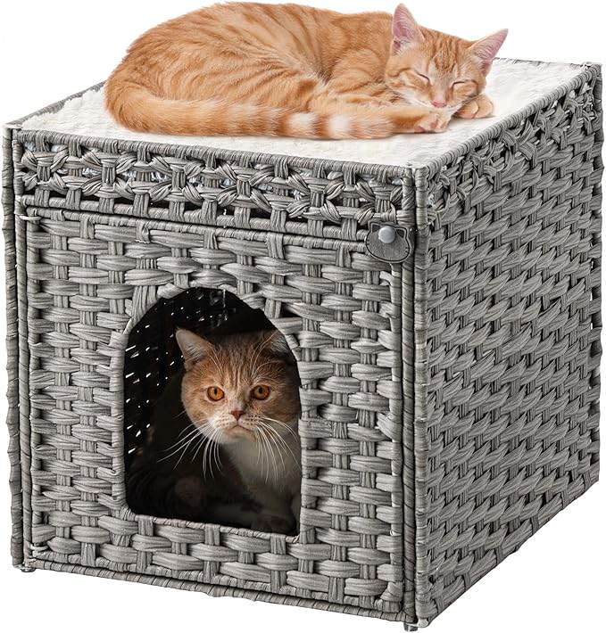 SETVSON Cat Houses for Indoor Cats Extra Large Double Cat Cave, Gray | Spacious Multi-Cat House, Furniture End Table Look, Soft Washable Cushion, Sturdy Metal Frame, 18.5x20.5x19.1 In Woven Cube